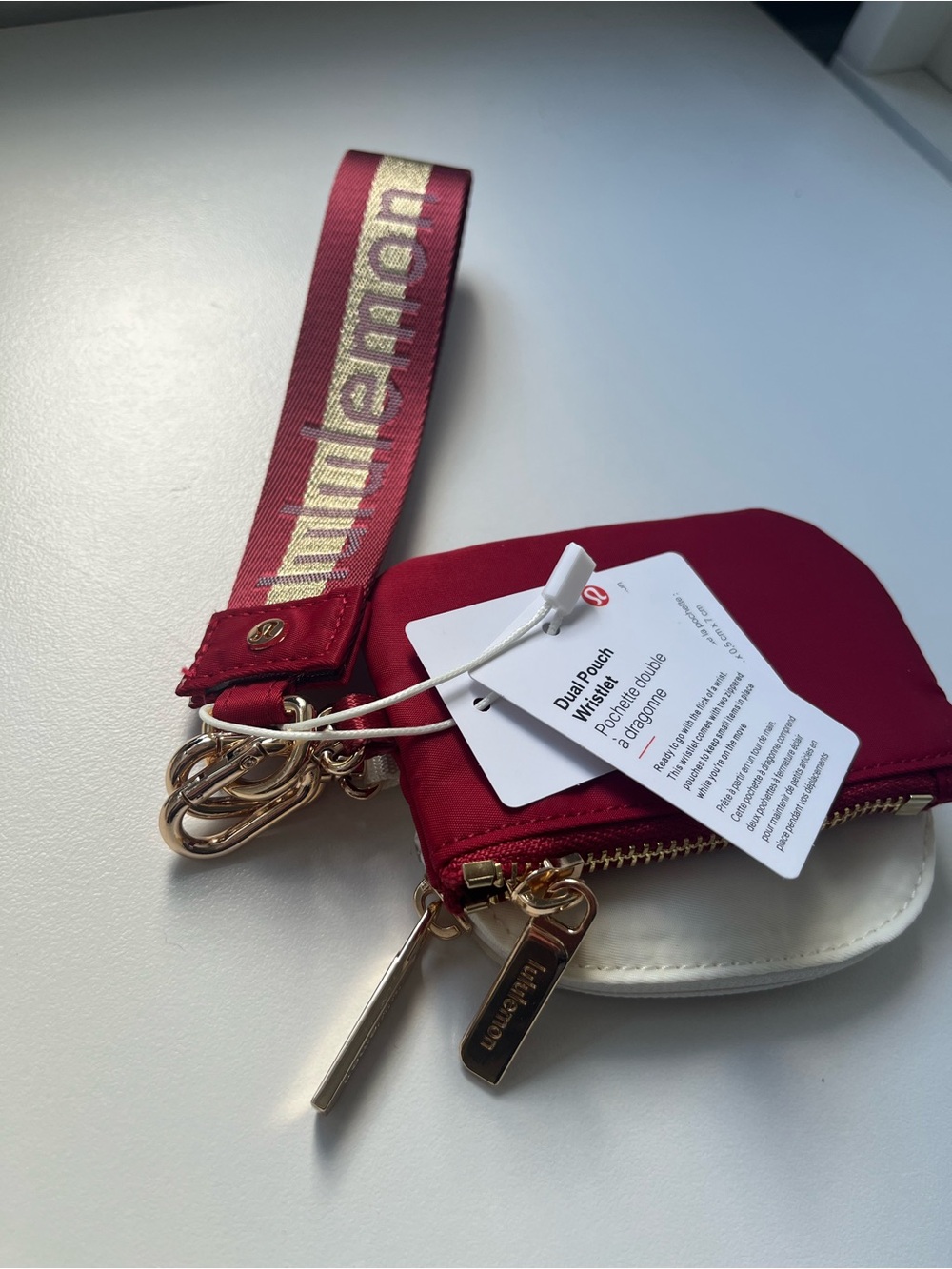 lululemon Red & Ivory white double Pouch Wristlet Gold Hardware keychain - Picture 4 of 5